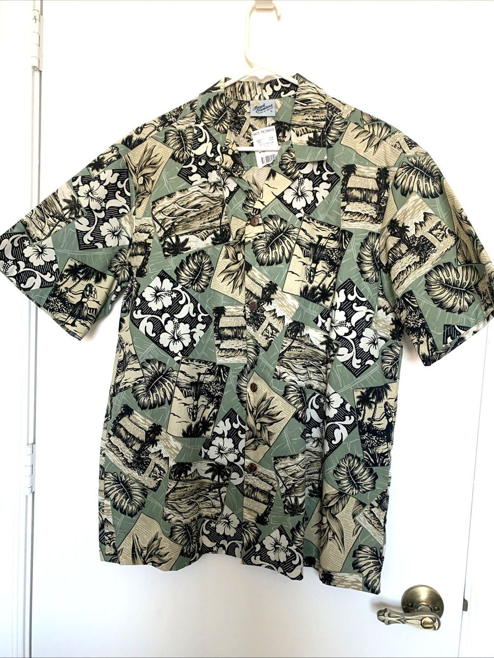 Royal Creations Hawaiian Shirt Mens XL Green Yellow Aloha Dancing Girls Cotton